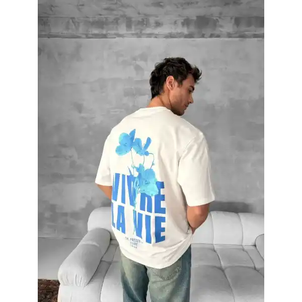 Erkek Ön ve Arka Baskılı T-Shirt Kısa Kol Bisiklet Yaka Regular Fit Tişört - Beyaz