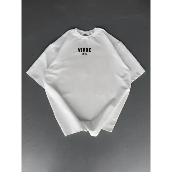 Erkek Ön ve Arka Baskılı T-Shirt Kısa Kol Bisiklet Yaka Regular Fit Tişört - Beyaz