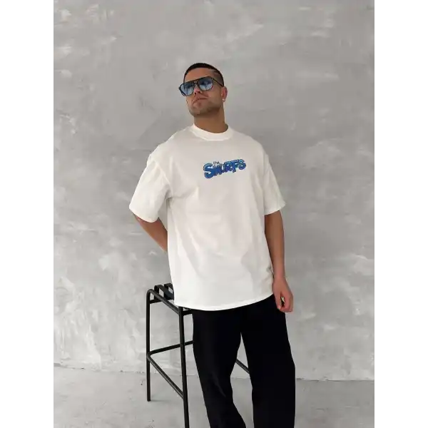 Erkek Ön ve Arka Baskılı T-Shirt Kısa Kol Bisiklet Yaka Regular Fit Tişört -  Beyaz