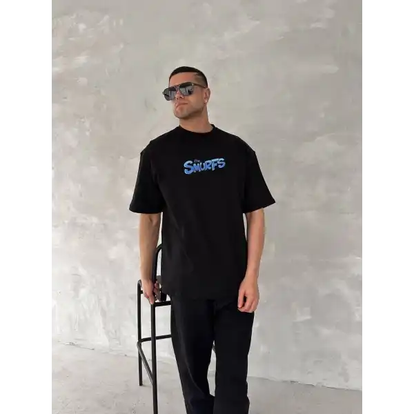Erkek Ön ve Arka Baskılı T-Shirt Kısa Kol Bisiklet Yaka Regular Fit Tişört - Siyah