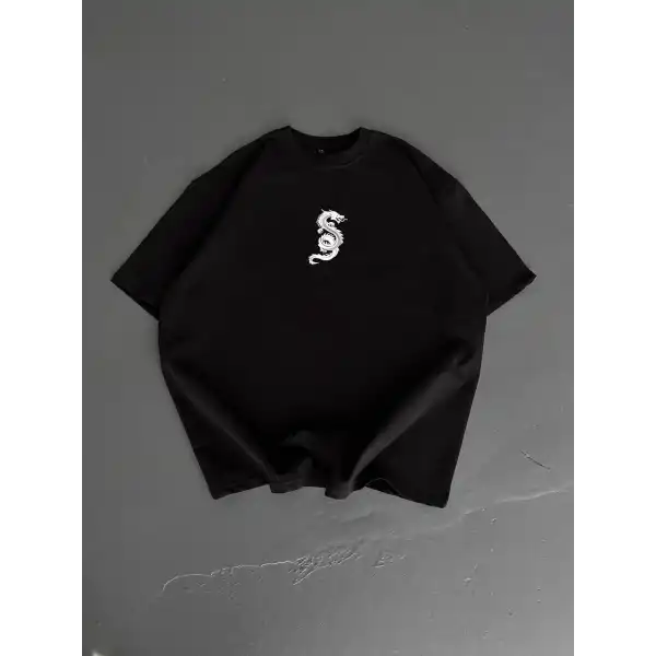 Erkek Ön ve Arka Baskılı T-Shirt Kısa Kol Bisiklet Yaka Regular Fit Tişört - Siyah