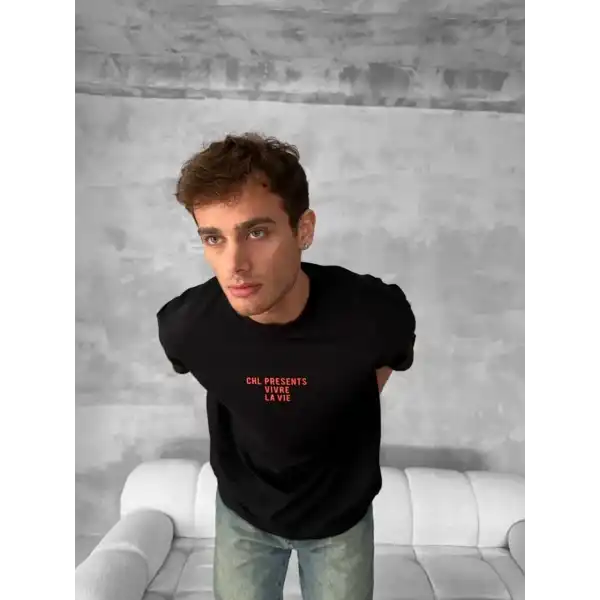 Erkek Ön ve Arka Baskılı T-Shirt Kısa Kol Bisiklet Yaka Regular Fit Tişört - Siyah