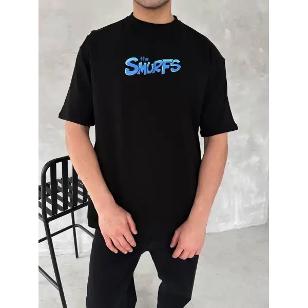 Erkek Ön ve Arka Baskılı T-Shirt Kısa Kol Bisiklet Yaka Regular Fit Tişört - Siyah