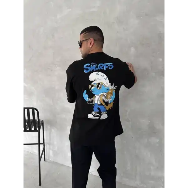 Erkek Ön ve Arka Baskılı T-Shirt Kısa Kol Bisiklet Yaka Regular Fit Tişört - Siyah