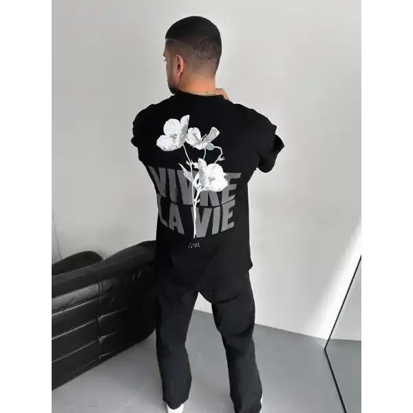 Erkek Ön ve Arka Baskılı T-Shirt Kısa Kol Bisiklet Yaka Regular Fit Tişört -  Siyah