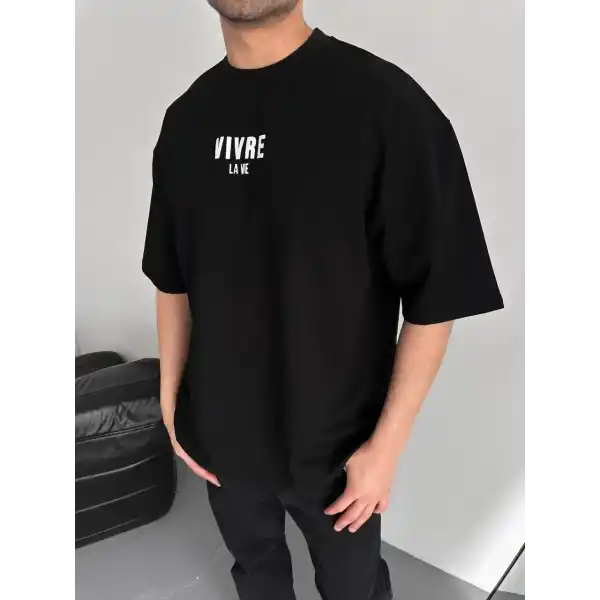 Erkek Ön ve Arka Baskılı T-Shirt Kısa Kol Bisiklet Yaka Regular Fit Tişört -  Siyah