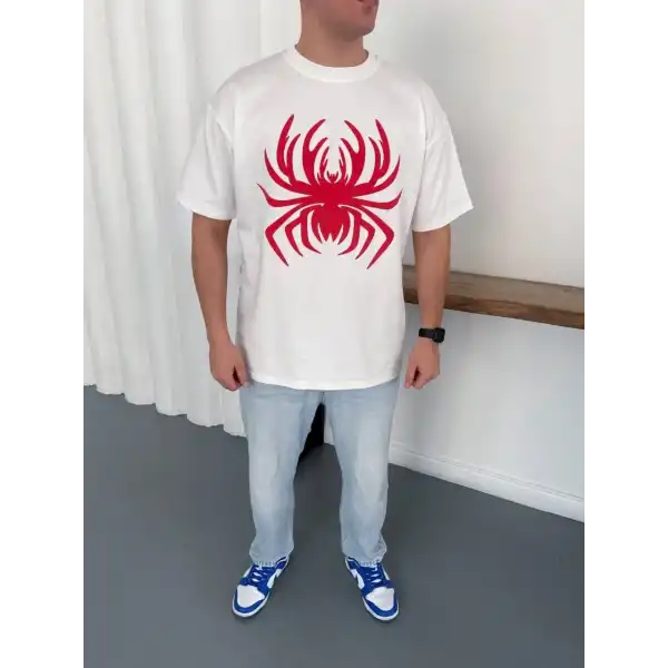 Erkek Örümcek Baskılı Tişört Kısa Kollu Bisiklet Yaka T-Shirt - Beyaz