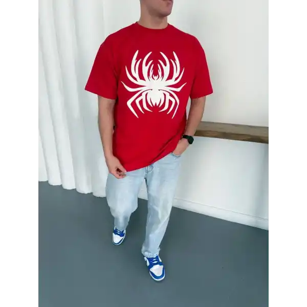 Erkek Örümcek Baskılı Tişört Kısa Kollu Bisiklet Yaka T-Shirt - Kırmızı