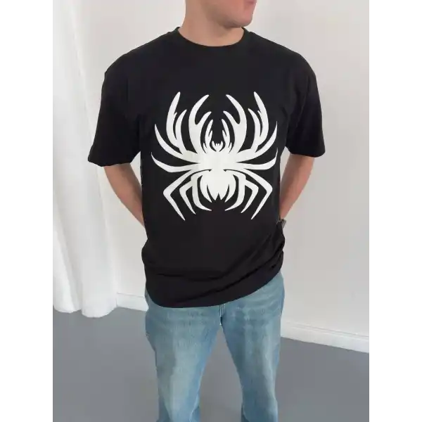 Erkek Örümcek Baskılı Tişört Kısa Kollu Bisiklet Yaka T-Shirt - Siyah