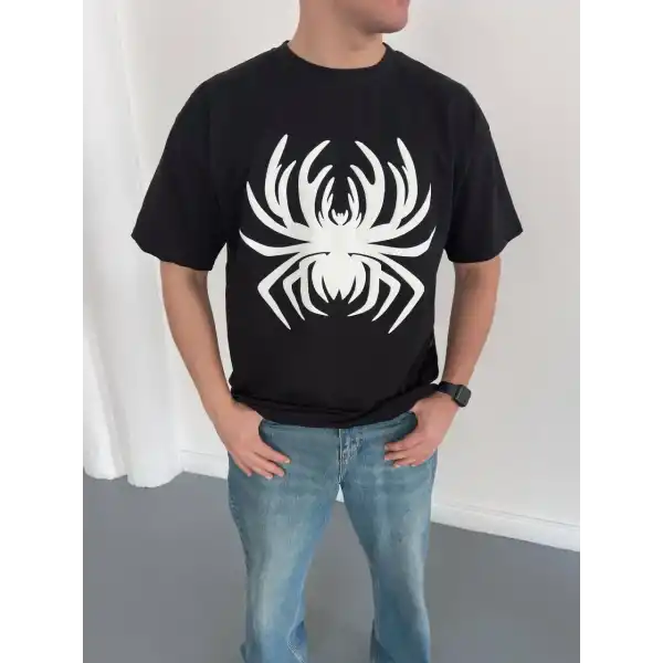 Erkek Örümcek Baskılı Tişört Kısa Kollu Bisiklet Yaka T-Shirt - Siyah