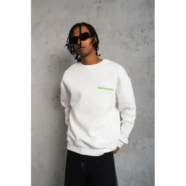 Erkek Oversize Sweatshirt Ön ve Sırt Baskılı 3 İplik Pamuklu - Beyaz