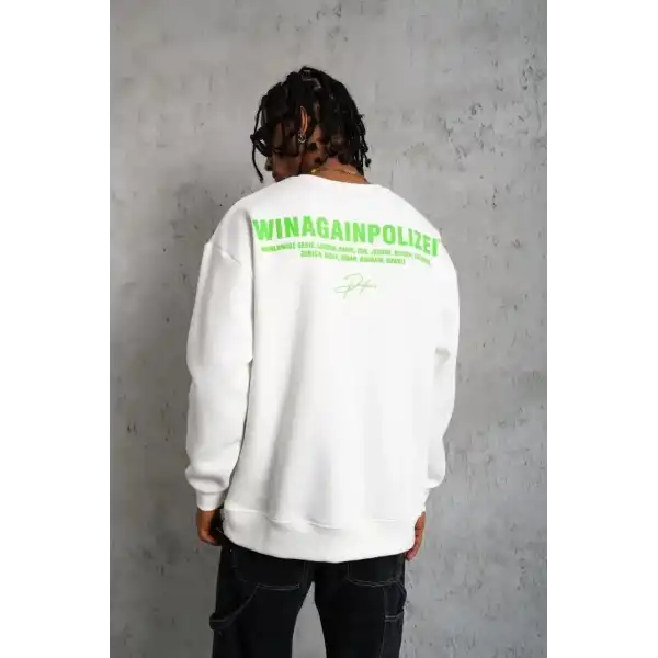 Erkek Oversize Sweatshirt Ön ve Sırt Baskılı 3 İplik Pamuklu - Beyaz