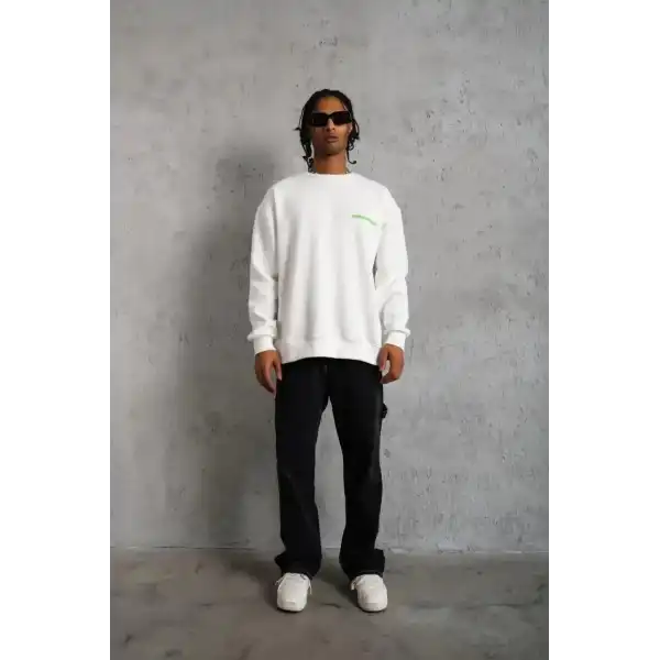 Erkek Oversize Sweatshirt Ön ve Sırt Baskılı 3 İplik Pamuklu - Beyaz