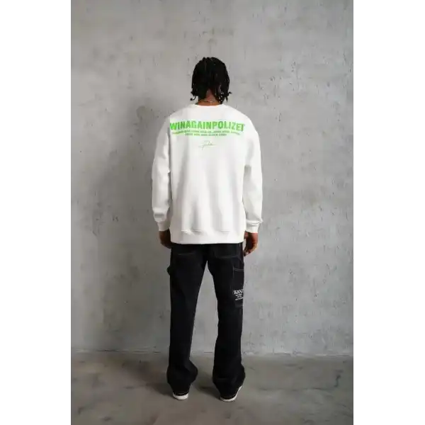 Erkek Oversize Sweatshirt Ön ve Sırt Baskılı 3 İplik Pamuklu - Beyaz
