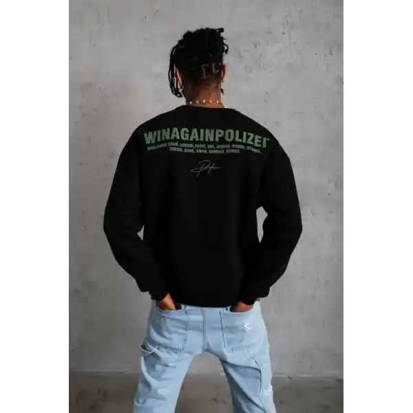 Erkek Oversize Sweatshirt Ön ve Sırt Baskılı 3 İplik Pamuklu - Siyah