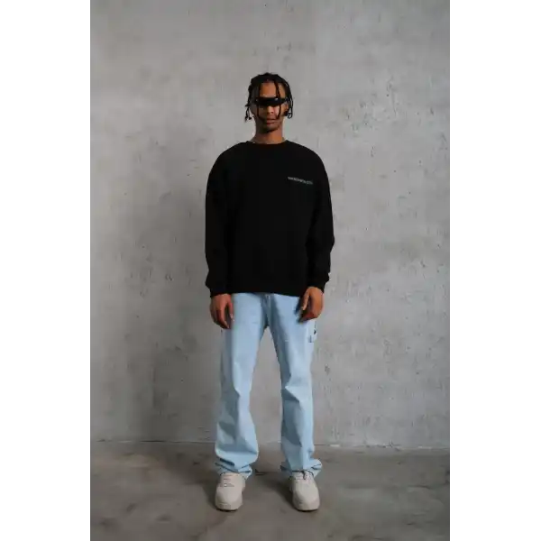 Erkek Oversize Sweatshirt – Siyah Renk | Ön ve Sırt Baskılı, Üç İplik İçi Pamuklu Kumaş, Rahat Kalıp, Ribanalı Kışlık Sweat | Winagain Polizei Serisi - Siyah