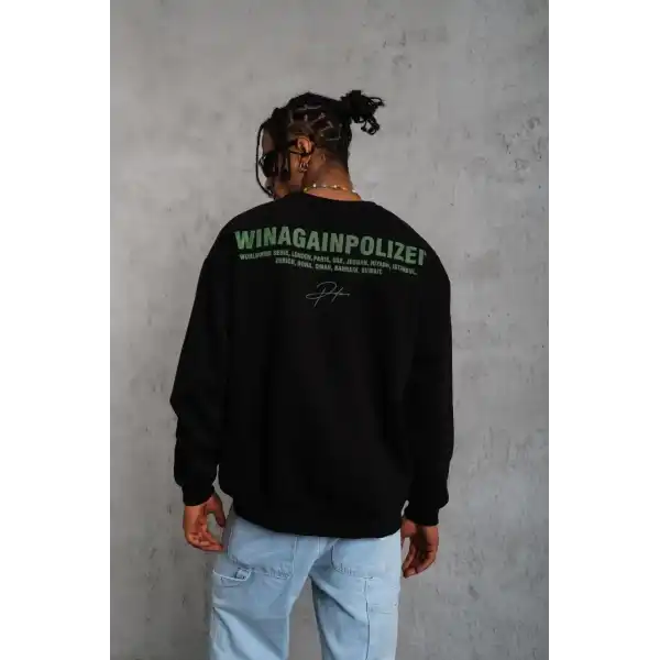 Erkek Oversize Sweatshirt – Siyah Renk | Ön ve Sırt Baskılı, Üç İplik İçi Pamuklu Kumaş, Rahat Kalıp, Ribanalı Kışlık Sweat | Winagain Polizei Serisi - Siyah