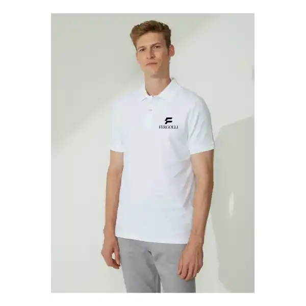 Erkek Pike Polo Yaka Tişört Düğmeli Baskılı T-Shirt - Beyaz