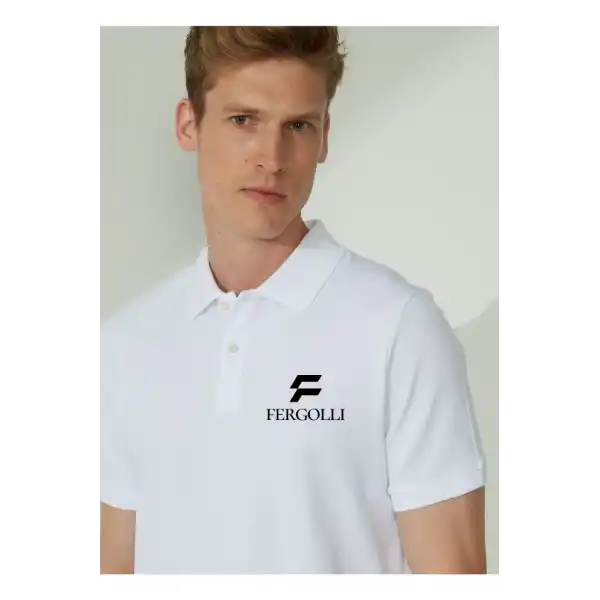 Erkek Pike Polo Yaka Tişört Düğmeli Baskılı T-Shirt - Beyaz