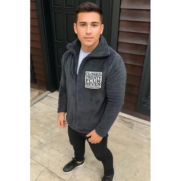 Erkek Desenli Polar Gömlek – Etnik Şerit Desen Yakalı, Uzun Kollu, Düğmeli, Oversize Rahat Kalıp - Füme