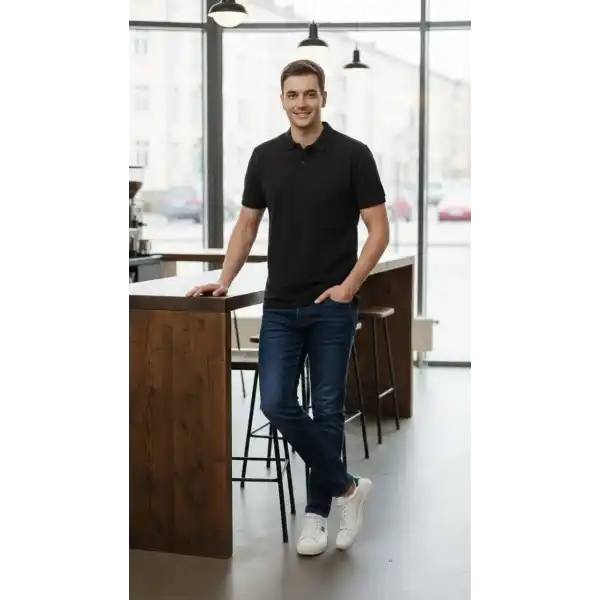 Erkek Polo Yaka Düğmeli Pike Kumaş Tişört Regular Fit Kısa Kol T-Shirt - Siyah