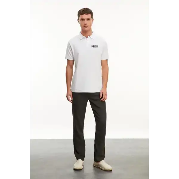 Erkek Polo Yaka Düğmeli Tişört Pike Baskılı T-Shirt - Beyaz