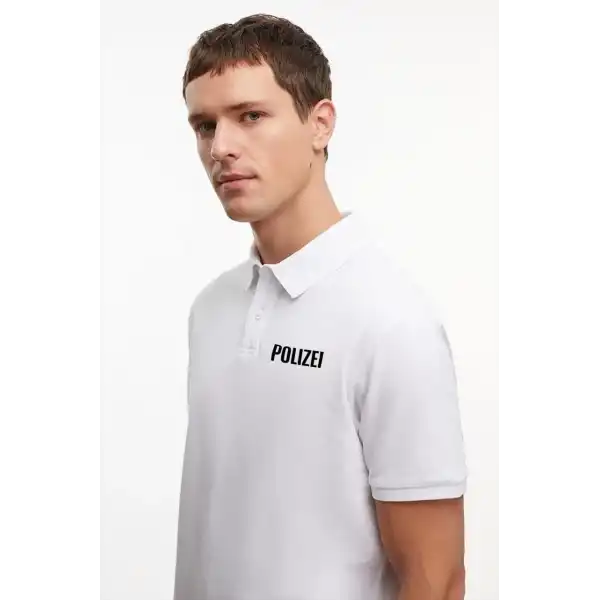 Erkek Polo Yaka Düğmeli Tişört Pike Baskılı T-Shirt - Beyaz