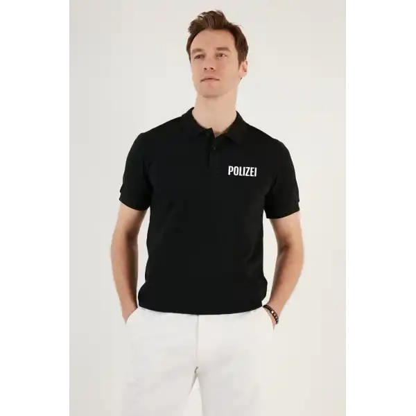 Erkek Polo Yaka Tişört Düğmeli Pike Baskılı T-Shirt - Siyah
