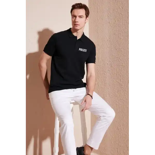 Erkek Polo Yaka Tişört Düğmeli Pike Baskılı T-Shirt - Siyah