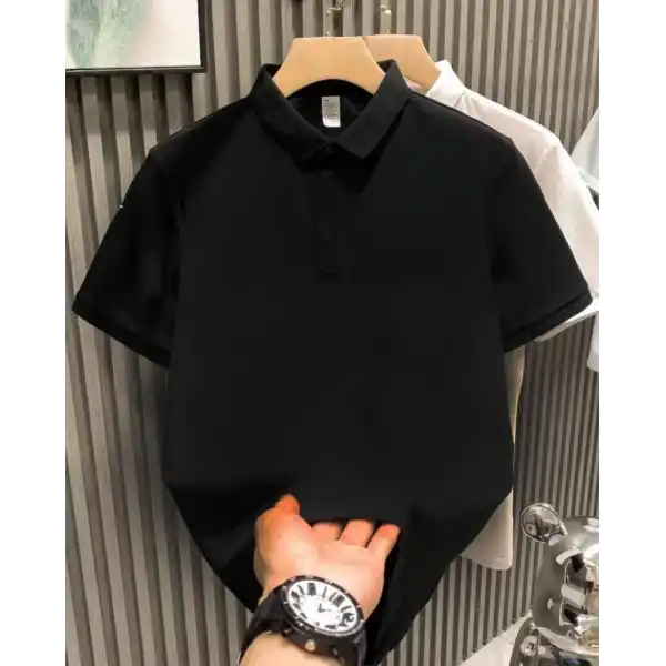 Erkek Polo Yaka Tişört Düğmeli Pike Düz T-Shirt - Siyah