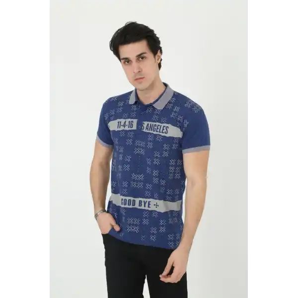 Erkek Polo Yaka tişört Slim Fit Baskılı Kısa kol T-Shirt - Mavi