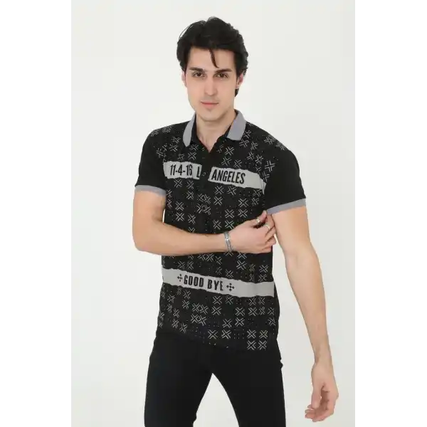 Erkek Polo Yaka tişört Slim Fit Baskılı Kısa kol T-Shirt - Siyah