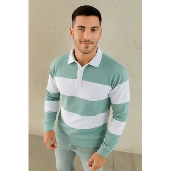 Erkek Polo Yaka Uzun Kollu Çizgili Sweatshirt Trend Rugby Stil - Çağla Yeşili