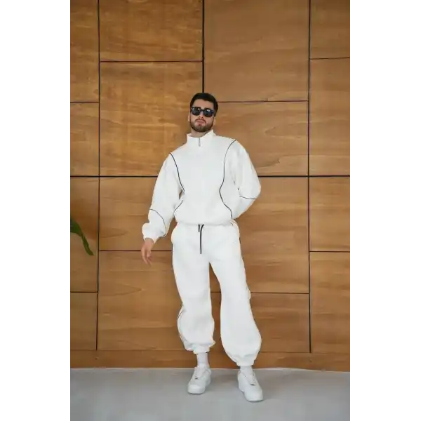 Erkek Premium Parçalı Eşofman Takım - Dik Yaka Fermuarlı Biyeli Sweatshirt Lastik Paça Alt, Oversize 3 iplik Şardonlu - Beyaz