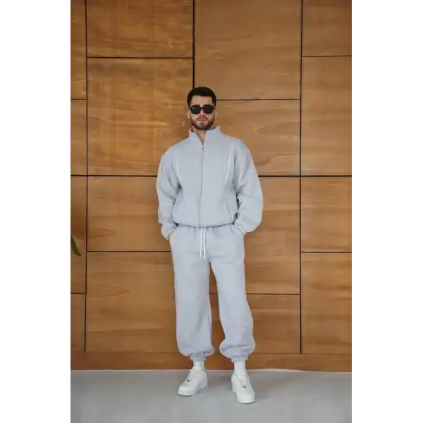 Erkek Premium Parçalı Eşofman Takım - Dik Yaka Fermuarlı Biyeli Sweatshirt Lastik Paça Alt, Oversize 3 iplik Şardonlu - Gri