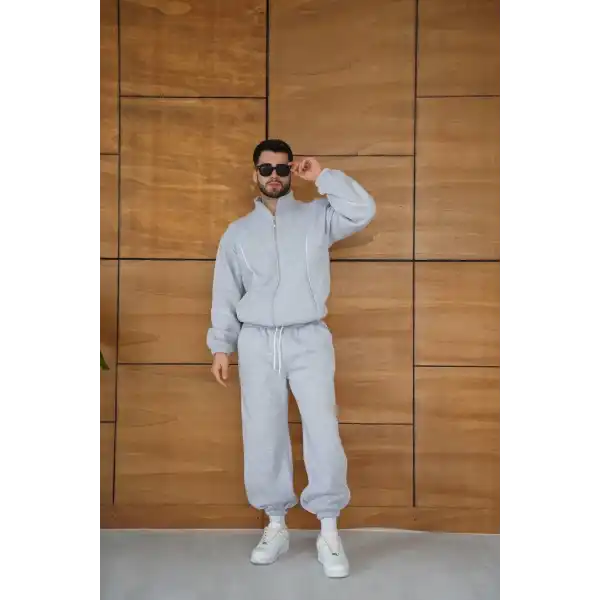 Erkek Premium Parçalı Eşofman Takım - Dik Yaka Fermuarlı Biyeli Sweatshirt Lastik Paça Alt, Oversize 3 iplik Şardonlu - Gri