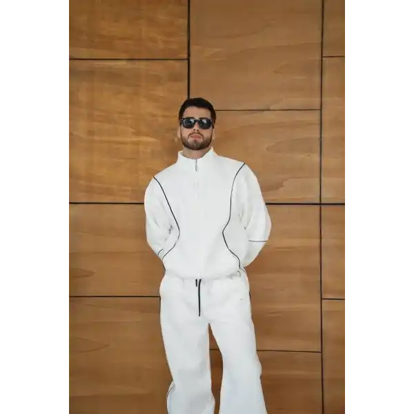 Erkek Premium Parçalı Eşofman Takım - Dik Yaka Fermuarlı Biyeli Sweatshirt Lastik Paça Alt, Oversize 3 iplik Şardonlu - Beyaz