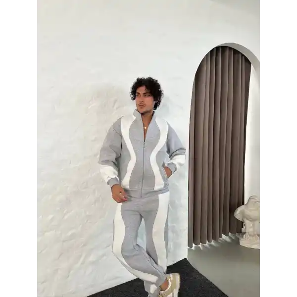Erkek Premium Parçalı Eşofman Takım - Dik Yaka Fermuarlı Sweatshirt, - Gri