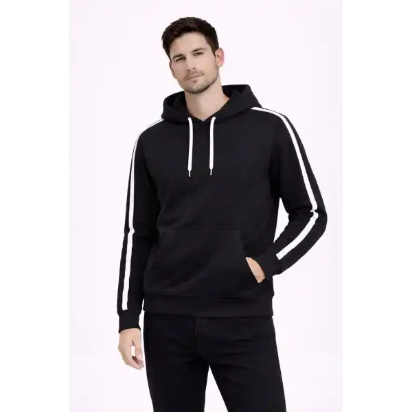Erkek Şeritli Kapüşonlu Sweatshirt Oversize 3 iplik Pamuklu Hoodei - Siyah