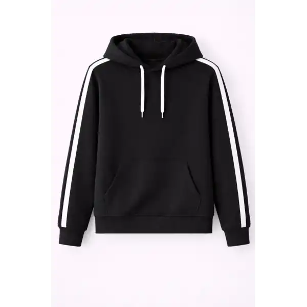 Erkek Şeritli Kapüşonlu Sweatshirt Oversize 3 iplik Pamuklu Hoodei - Siyah