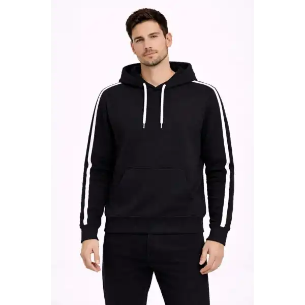 Erkek Şeritli Kapüşonlu Sweatshirt Oversize 3 iplik Pamuklu Hoodei - Siyah