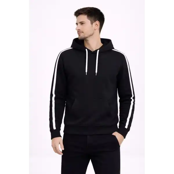 Erkek Şeritli Kapüşonlu Sweatshirt Oversize 3 iplik Pamuklu Hoodei - Siyah
