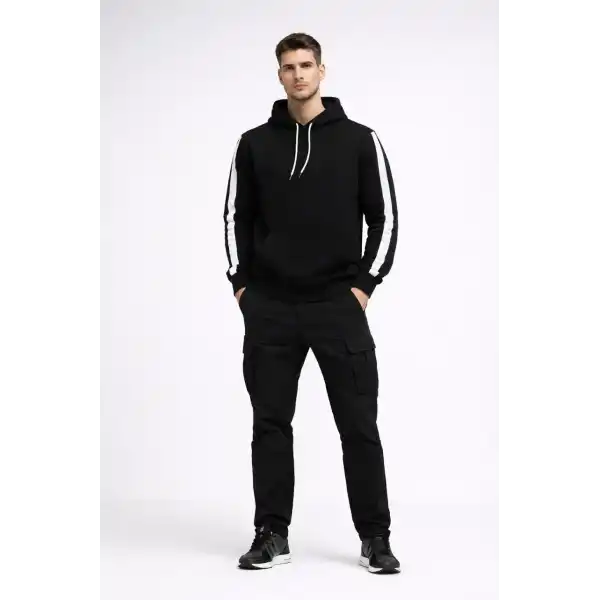 Erkek Şeritli Kapüşonlu Sweatshirt Oversize 3 iplik Pamuklu Hoodie - Siyah