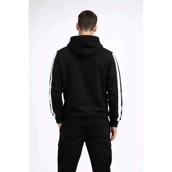 Erkek Şeritli Kapüşonlu Sweatshirt Oversize 3 iplik Pamuklu Hoodie - Siyah