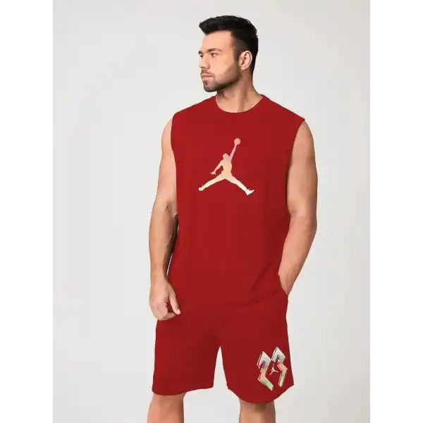 Erkek Sırt Baskılı Sıfır Kol İkili Şort Alt-Üst Takım - Kırmızı
