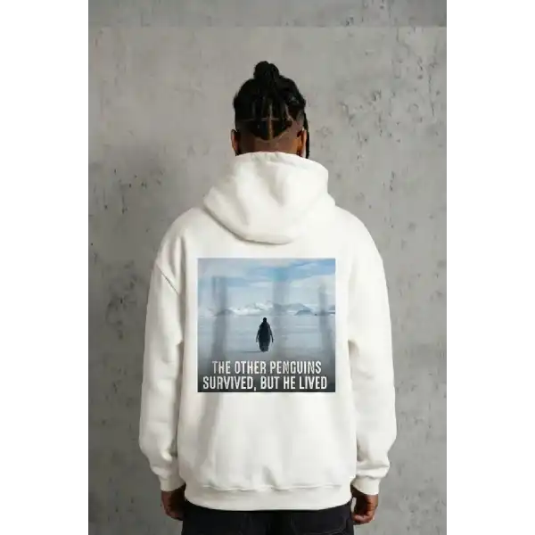 Erkek Survivor Penguin Baskılı 3 İplik Pamuklu Kapüşonlu Sweatshirt Hoodie Beyaz