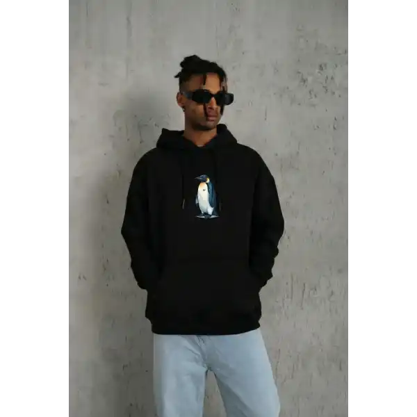 Erkek Survivor Penguin Baskılı 3 İplik Pamuklu Kapüşonlu Sweatshirt Hoodie Siyah