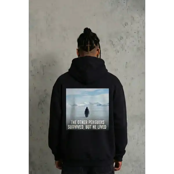 Erkek Survivor Penguin Baskılı 3 İplik Pamuklu Kapüşonlu Sweatshirt Hoodie Siyah