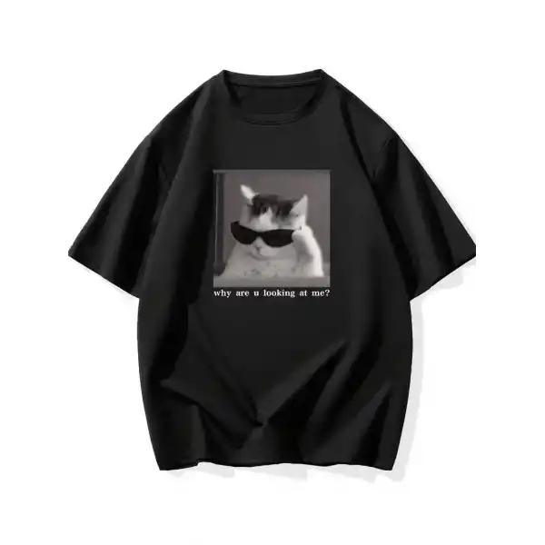 Erkek T-Shirt Komik Kedi Baskılı kısa kol Tişört - Siyah