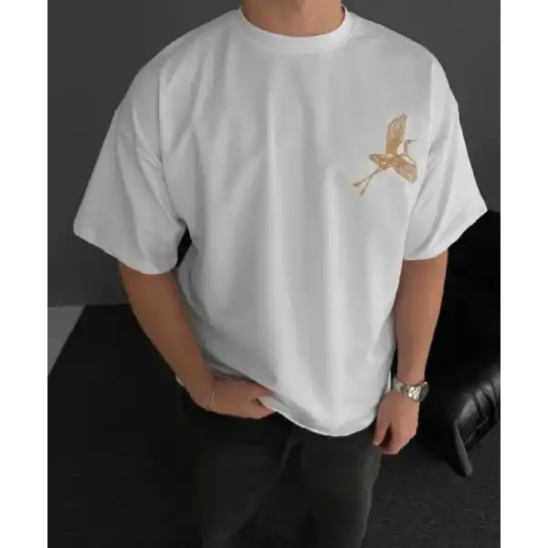 Erkek T-Shirt Ön ve Arka Baskılı Oversize Bisiklet Yaka tişort - Beyaz